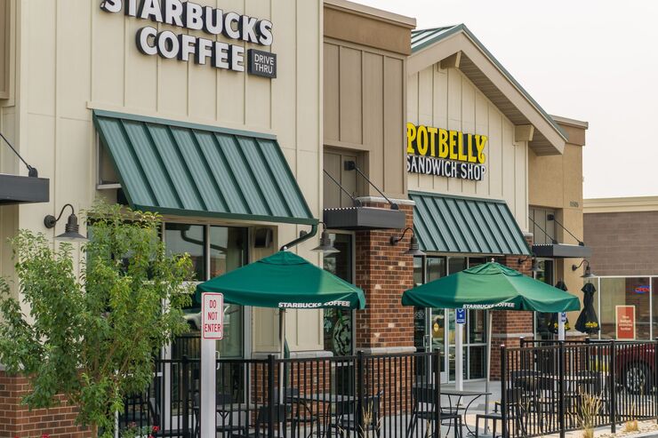 exterior of starbucks and potbelly sandwich shop