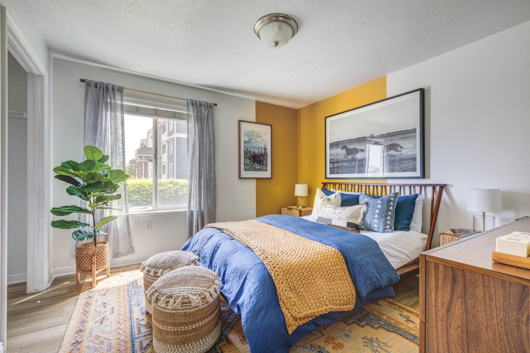 Bedroom with accent wall and large window